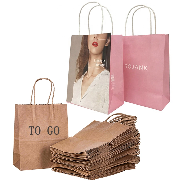 Custom Made Logo Print Fashionable Restaurant Takeaway Packaging Grab Twisted Handle Gift Grocery Shopping Pink Kraft Paper Bag