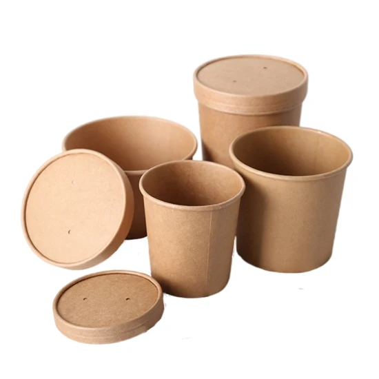 Ecofriendly Biodegradable Compostable Single Wall Cup Kraft Paper Popcorn Bucket for Hot Soup