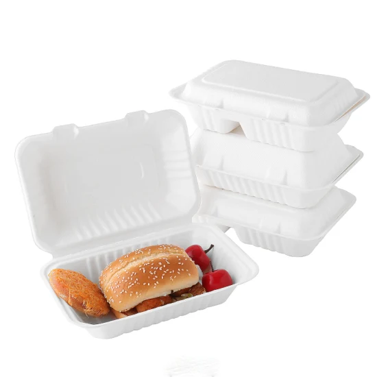 Takeaway Fast Food 9X6 Compostable Paper Pulp Sugarcane Bagasse and Paper Clamshell Envases Contenedores De Comida Biodegradable Food Container